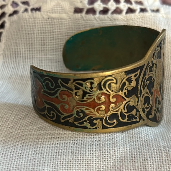 Vintage OLD Zodiac Gemini Enamel on Solid Brass Heavy Cuff Bracelet - Picture 6 of 16